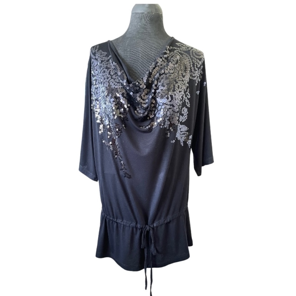 #11 Cupio Black Sequin Cowl Neck Batwing Sleeve Women's Top - Size M